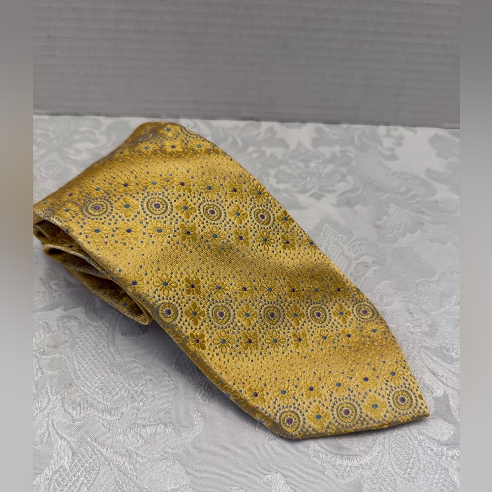 Paul Fredrick Silk Tie Handmade Italy Yellow Foral Blue‎ Old Money Dapper Luxury